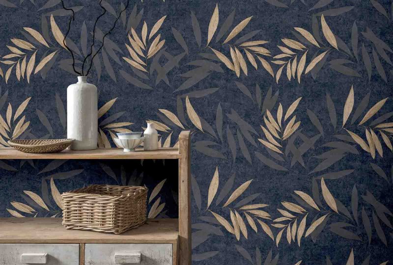 Esselle Retail Limited Luxury Leaf Navy Champagne Wallpaper